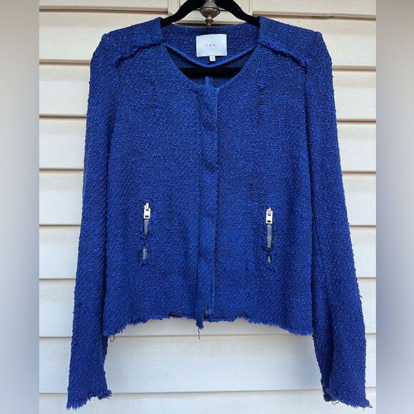 IRO Agnetay Royal Blue Tweed Boucle Cropped Zipper Jacket, Frayed Edge Detail, 2 - Picture 3 of 14